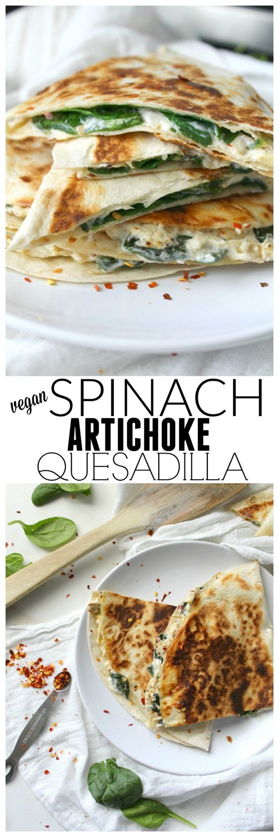 Two favorite snacks are combined into one with these Vegan Spinach Artichoke Quesadillas. These are ooey, gooey and super delicious | ThisSavoryVegan.com