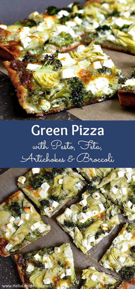 Green Pizza with Pesto, Feta, Artichokes, and Broccoli