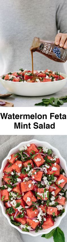 Watermelon Feta Mint Salad with red onion is a super refreshing summertime recipe. The simple balsamic dressing in this unexpected combination of flavors takes the salad to the next level. Perfect for BBQs and outdoor meals, too! #ad