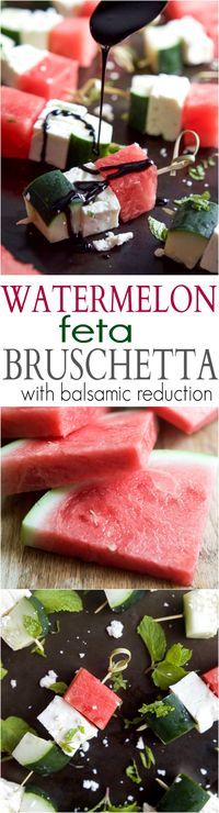 Watermelon Feta Bruschetta, the easiest appetizer recipe you'll ever make! Watermelon, Cucumber, and Feta Cheese all skewered together and topped with a sweet Balsamic Reduction that'll blow your mind. A must this summer! | joyfulhealthyeats.com #glutenfr