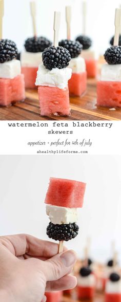 Watermelon Feta Blackberry Skewers are the perfect easy patriotic fresh and healthy appetizer recipe.  Each bite gives you a refreshing bit of watermelon, salty feta and sweet blackberry. - A Healthy Life For Me