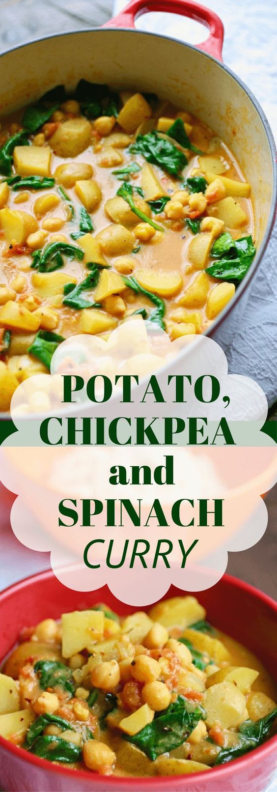 Potato, Chickpea, and Spinach Curry is a delight! It's filling and big on flavor! This is a vegetarian and vegan recipe, too