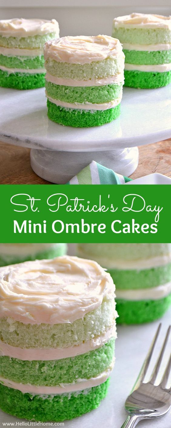 St. Patrick's Day Mini Ombre Cakes ... the perfect dessert recipe for St. Patty's Day! Easy step by step tutorial and recipe for making layered ombre cakes. A fun green St Patrick's Day recipe ... or customize the colors for any ocassion!