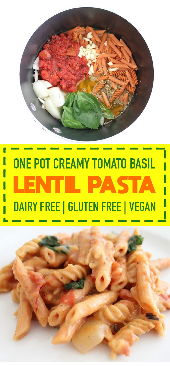 One Pot Creamy Tomato Basil Lentil Pasta (Dairy Free, Gluten Free, Vegan)