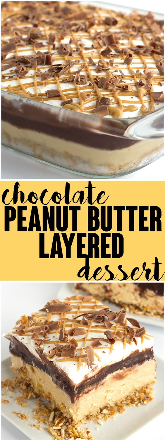 Need a dessert that will feed a crowd? This rich chocolate peanut butter layer dessert will do the trick. The sweet and salty pretzel crust is amazing!