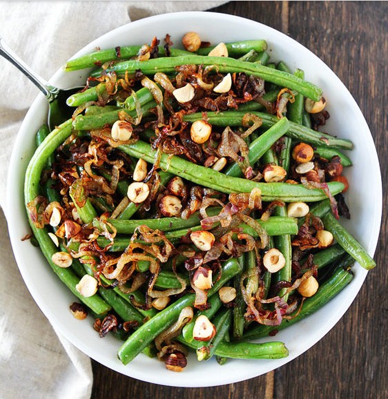 Green Beans with Brown Butter, Crispy Shallots, and Hazelnuts
