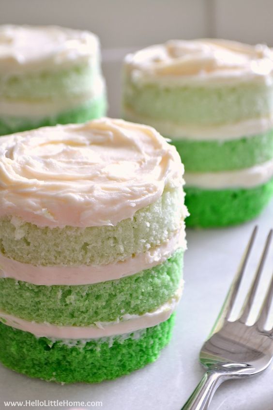 St. Patrick's Day Mini Ombre Cakes ... the perfect dessert recipe for St. Patty's Day! Easy step by step tutorial and recipe for making layered ombre cakes. A fun green St Patrick's Day recipe ... or customize the colors for any ocassion! | Hello Little Home