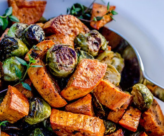 Roasted Sweet Potatoes and Brussels Sprouts