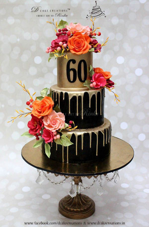 60Th Birthday Cake Ideas
 Three Tier Black & Gold Cake with Sugar Flowers for 60th