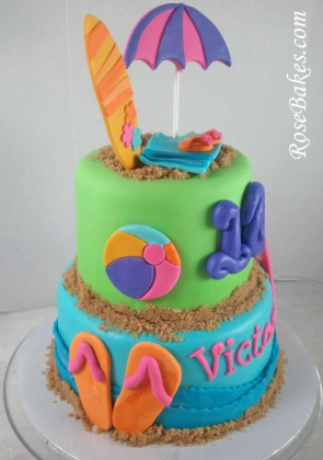 Beach Birthday Cake
 Beach Birthday Cake with Flip Flops & Surf Boards Cake Pops