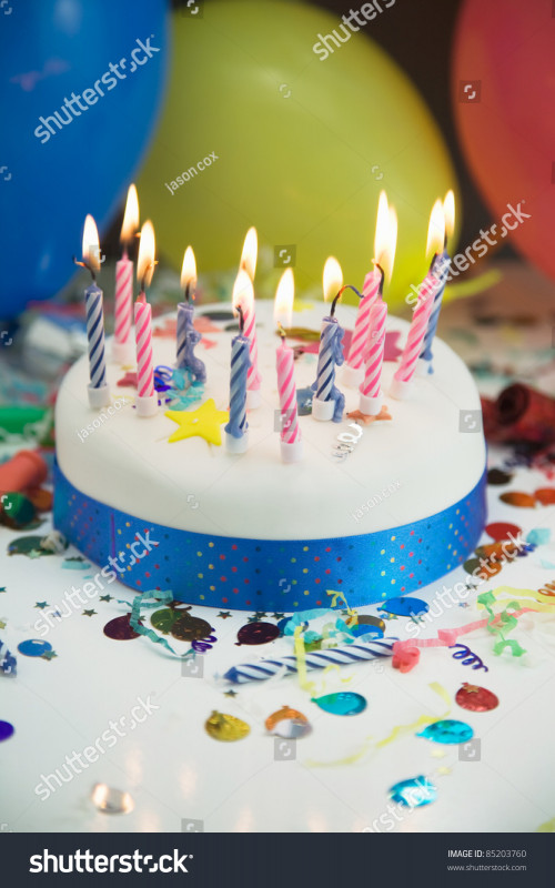 Birthday Cake With Candles And Balloons
 Party Concept Showing A Birthday Cake Candles Balloons And