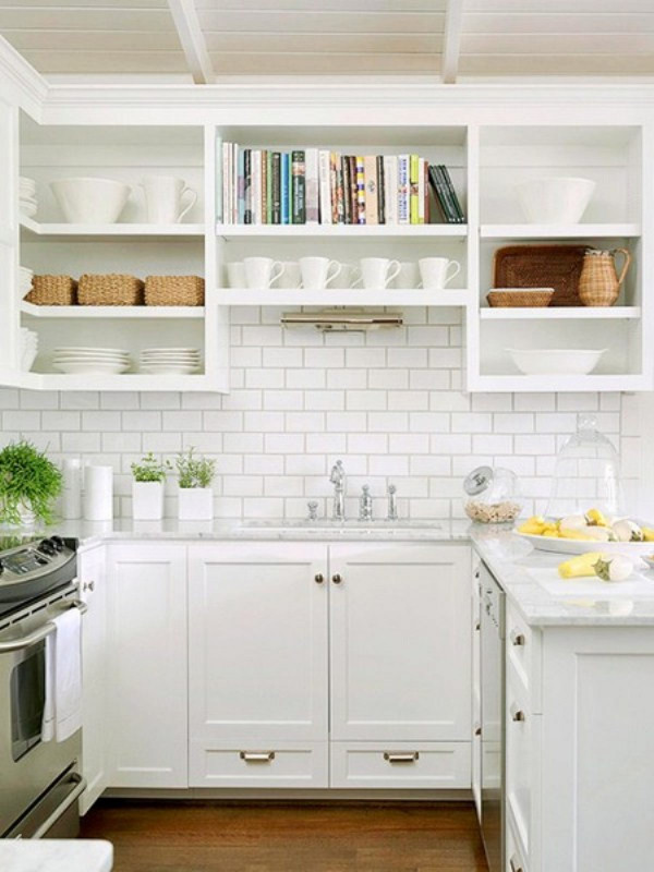 White Kitchen Backsplash
 bright small kicthen with marble countertop wooden