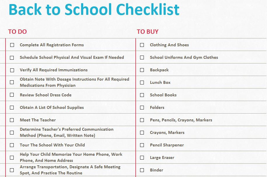 Back To School Checklist
 Back to School Checklist