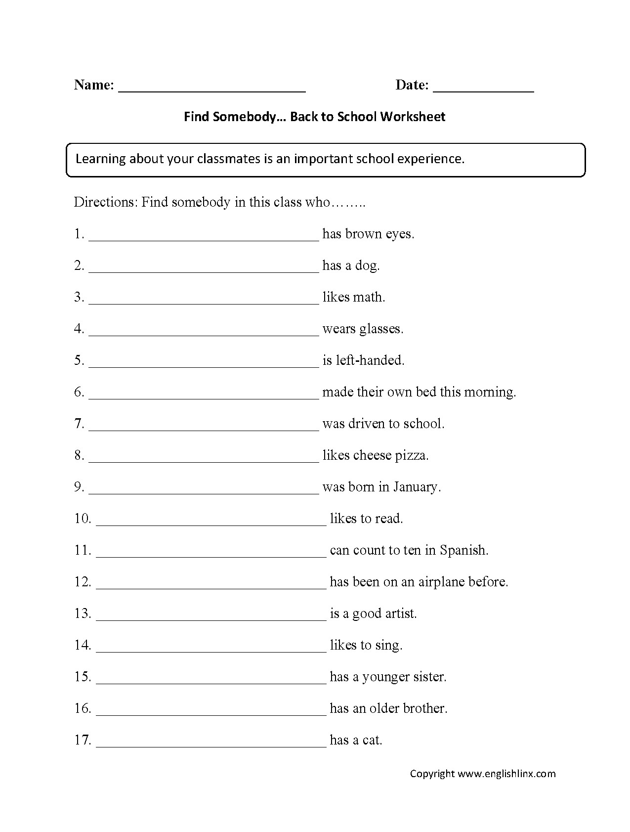 Back To School Worksheets
 Englishlinx