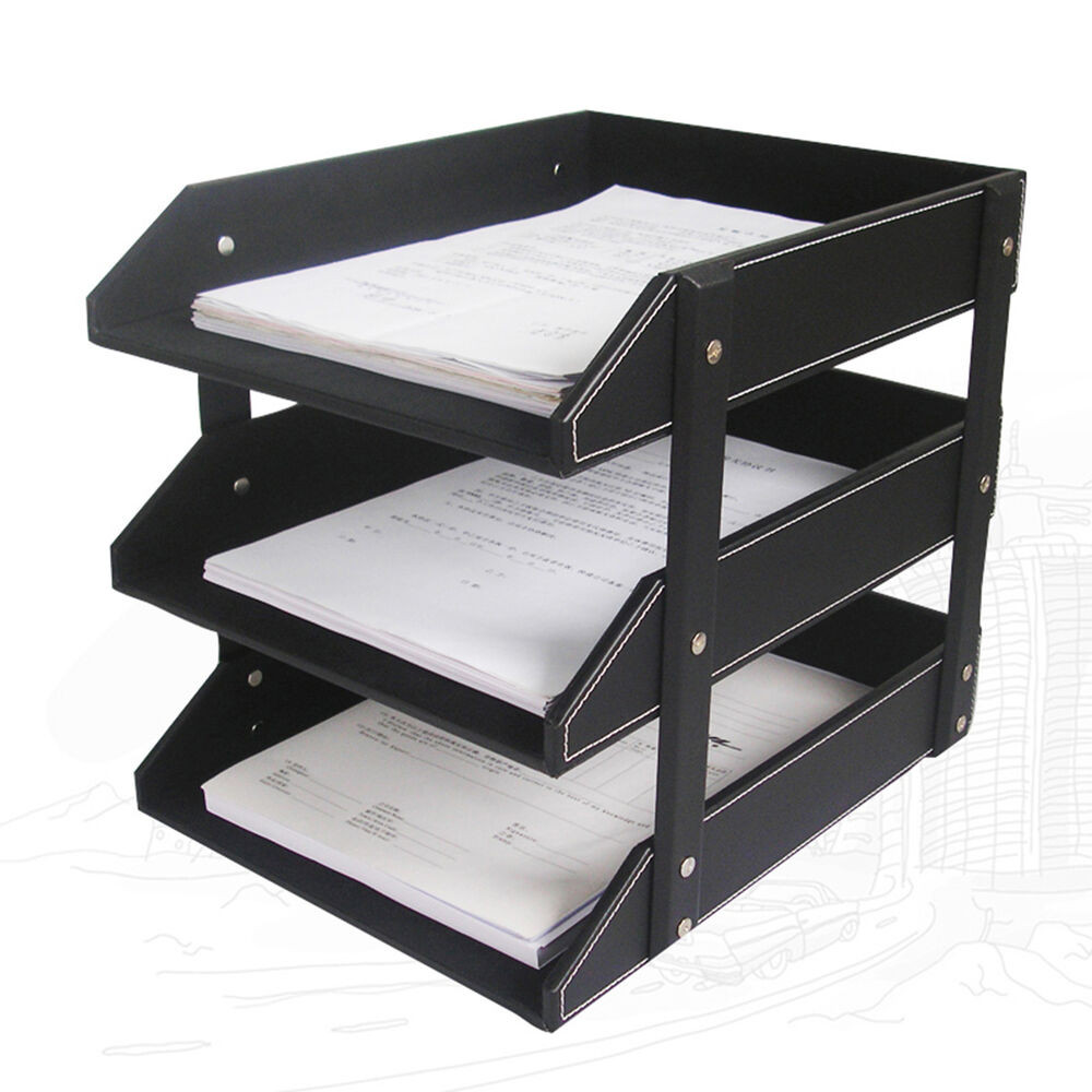 Desk File Organizer
 3 Tray Leather fice File Document Tray Case Rack Desk
