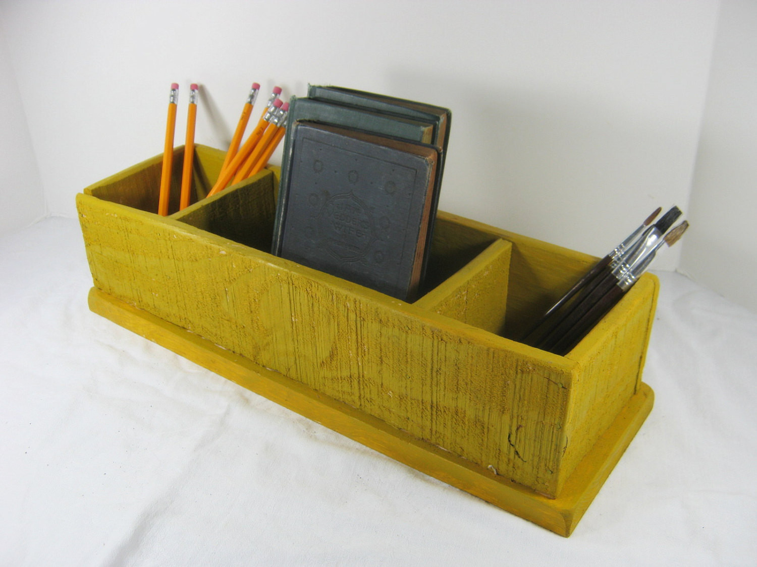 Desk Organizer Box
 Vintage DESK ORGANIZER Wood STORAGE Box Chartreuse Paint 3