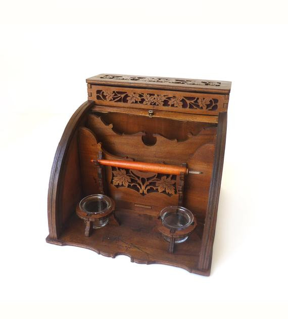 Vintage Desk Organizer
 Antique Inkwell and Desk Organizer with Sliding Tambour Door