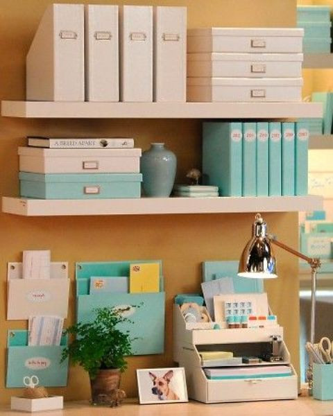 Work Office Organization Ideas
 Picture wall shelves to declutter the desk